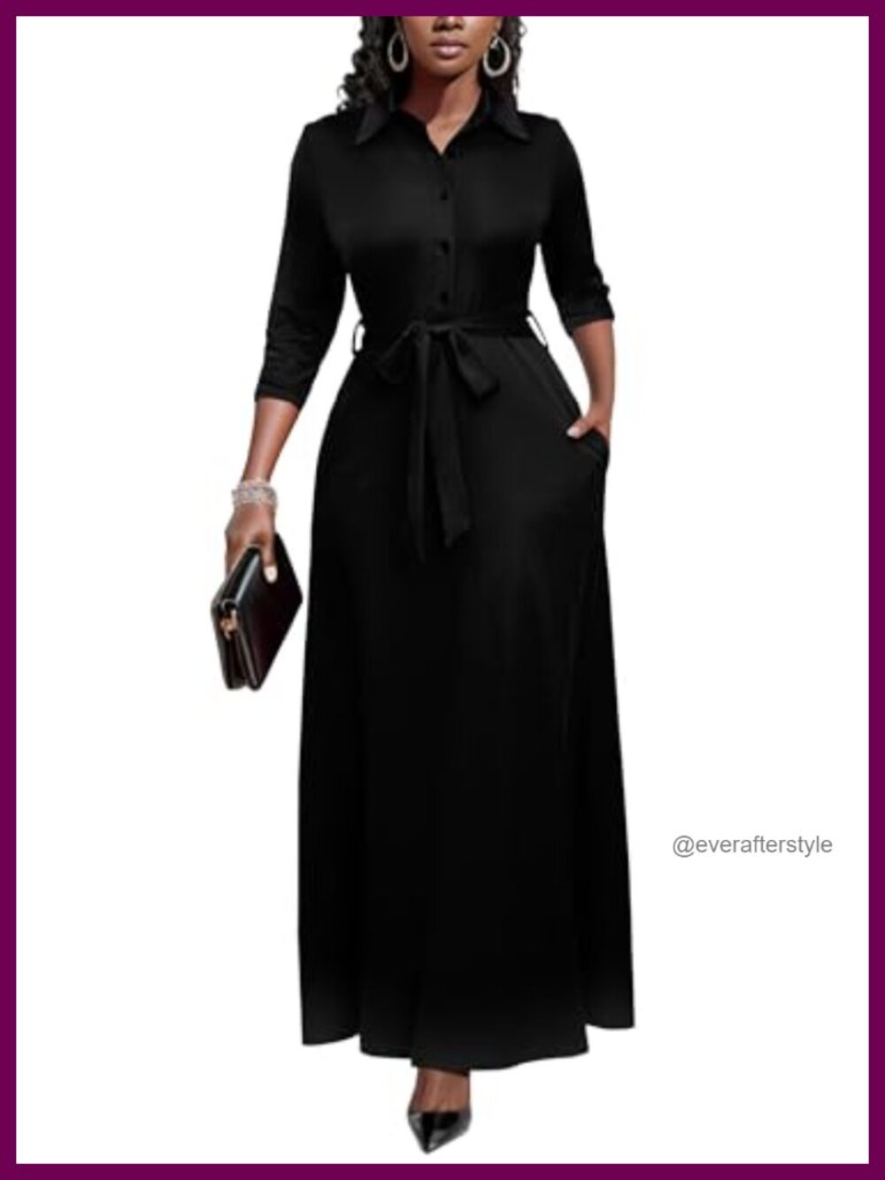 Runwind Womens Maxi Dress 3/4 Sleeve Button Down with Pockets